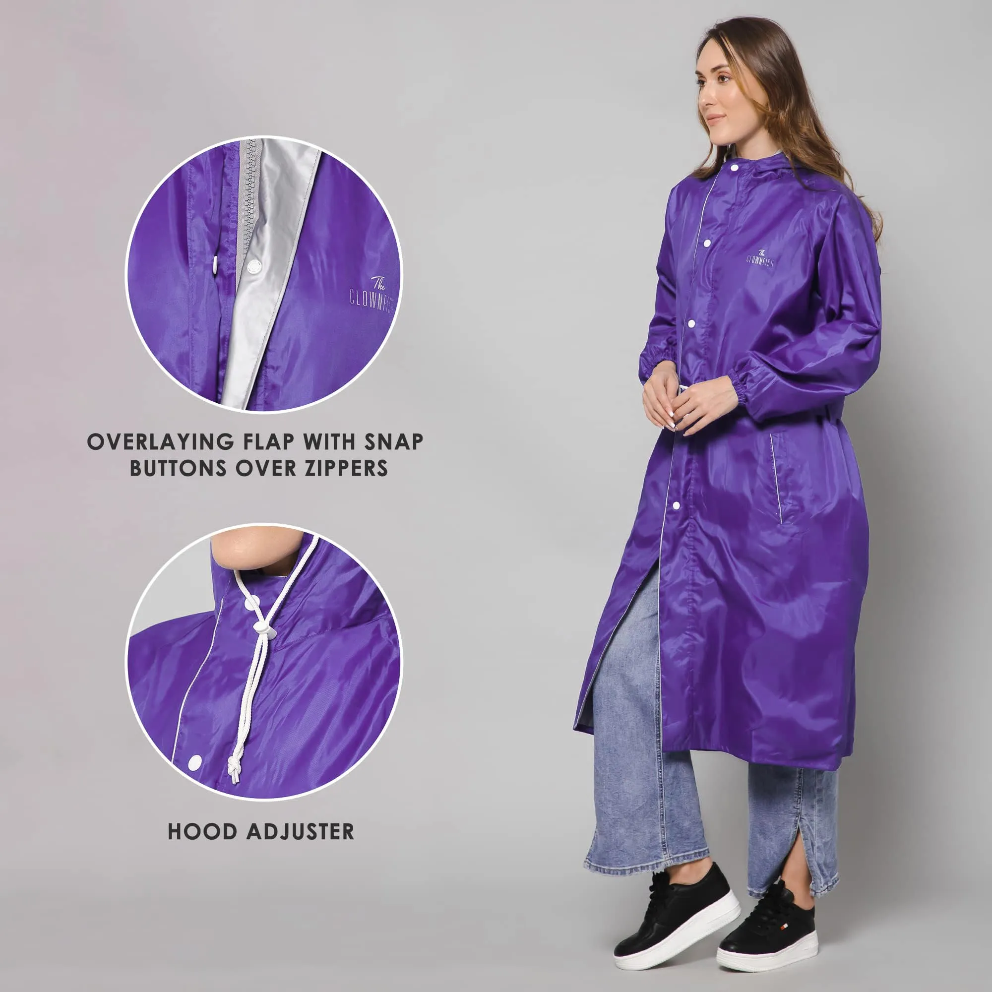 THE CLOWNFISH Raincoats for Women Rain Coat for Women Raincoat for Ladies Waterproof Reversible Double Layer. Drizzle Diva Series (Purple, XXX-Large)