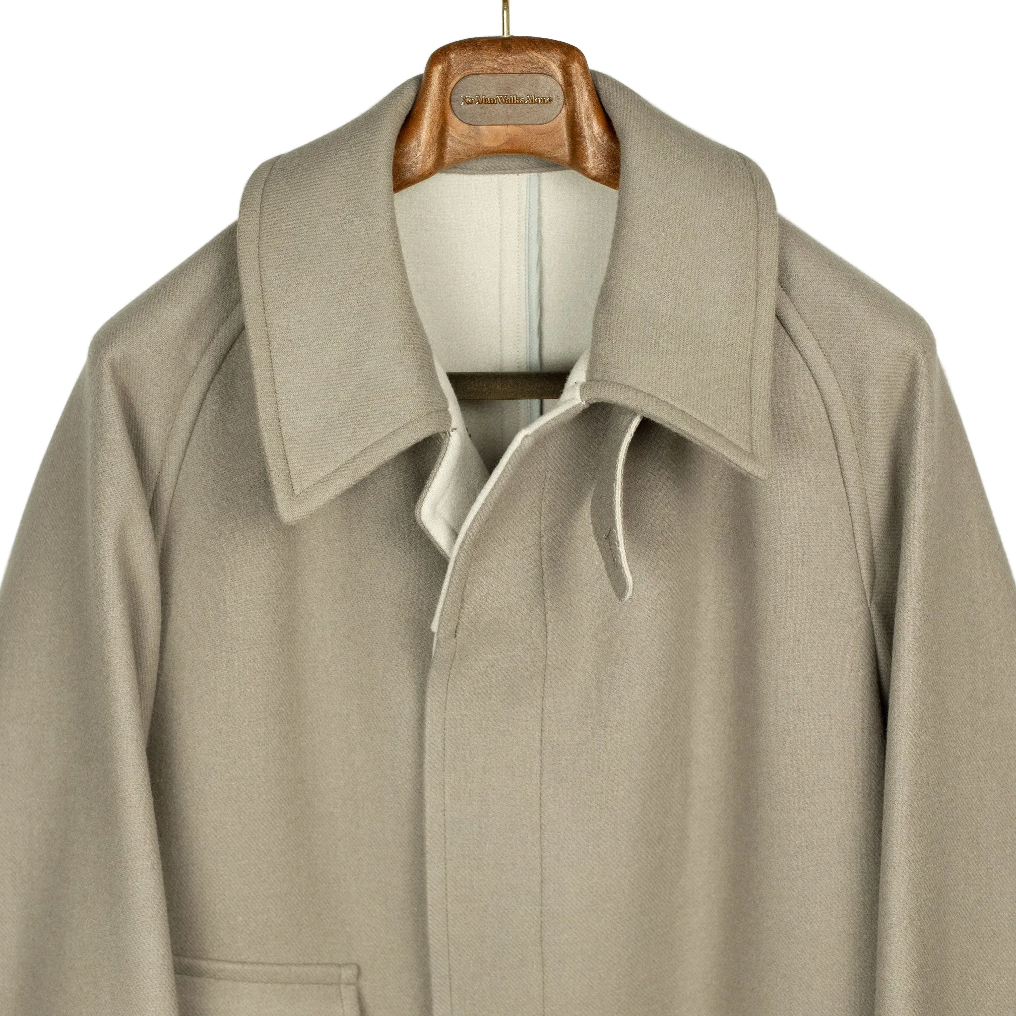 Traveler Coat in dove grey extra fine reverse cloth melton wool