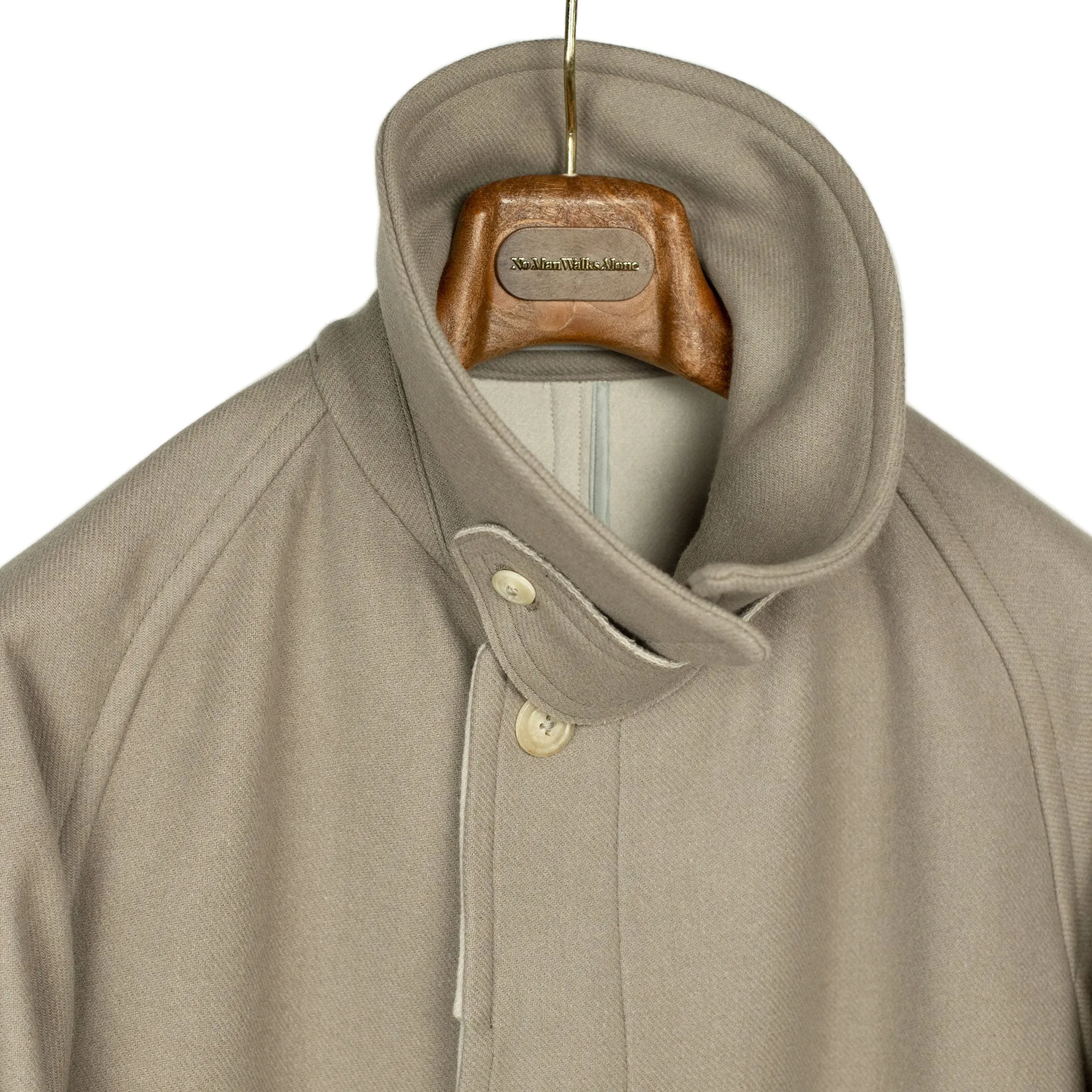 Traveler Coat in dove grey extra fine reverse cloth melton wool