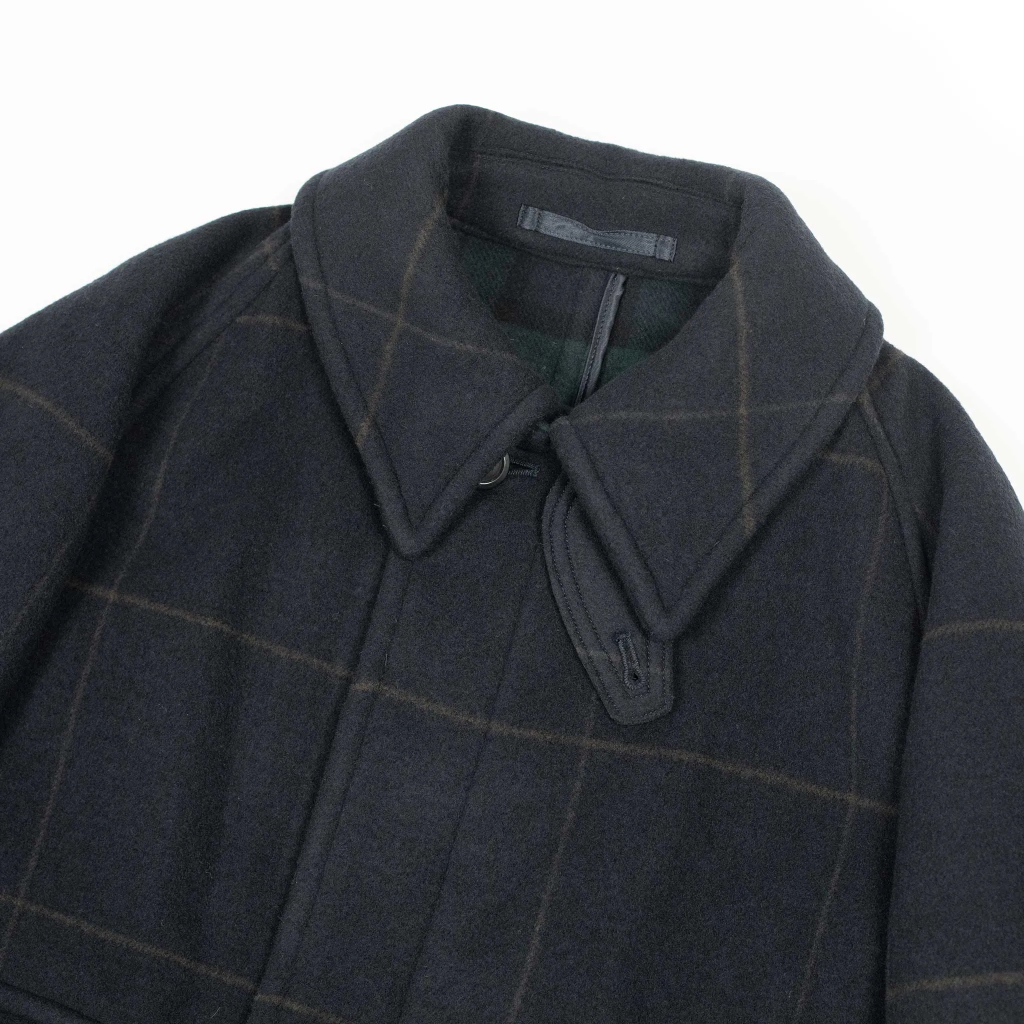 Traveller Coat in navy and chocolate windowpane melton wool double cloth