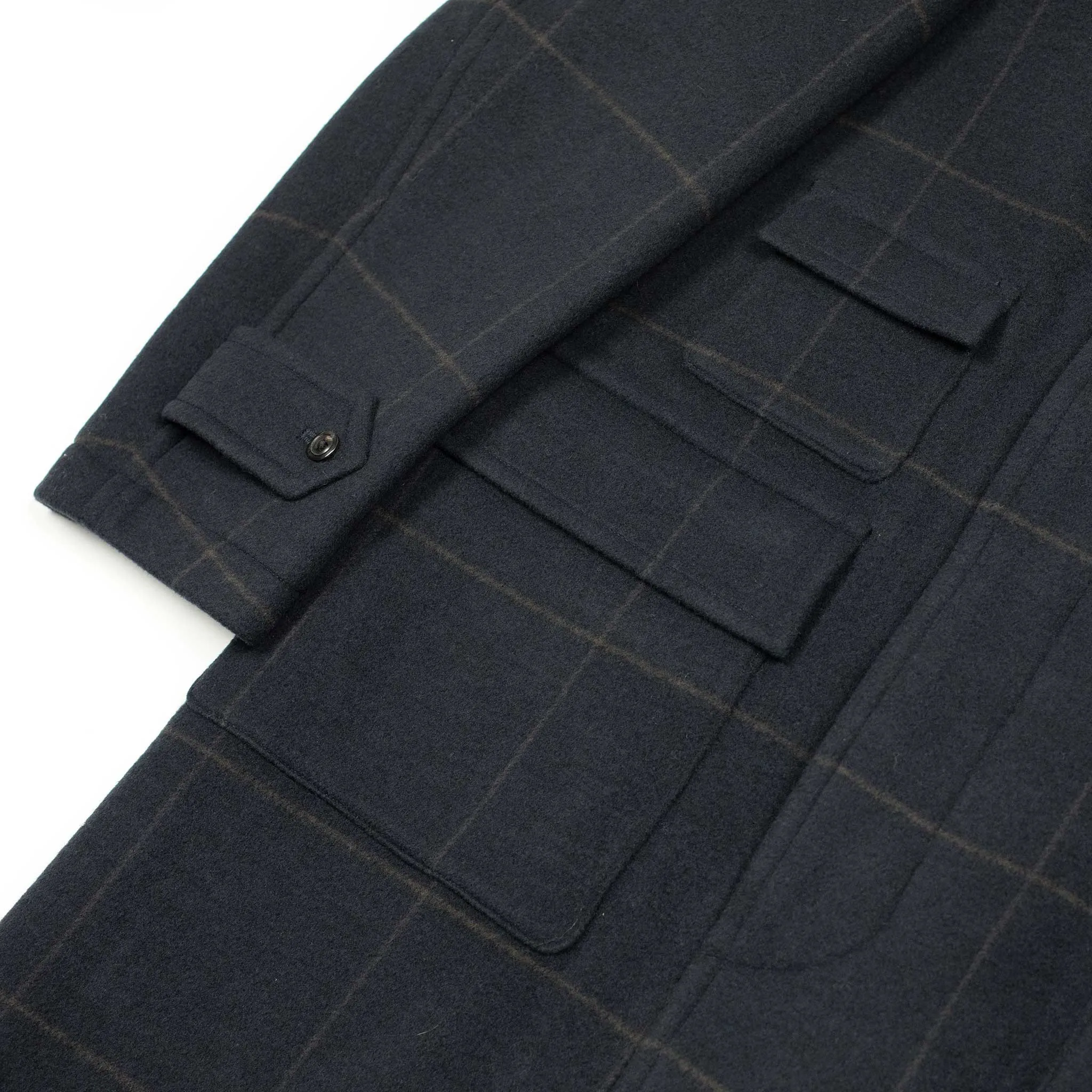 Traveller Coat in navy and chocolate windowpane melton wool double cloth