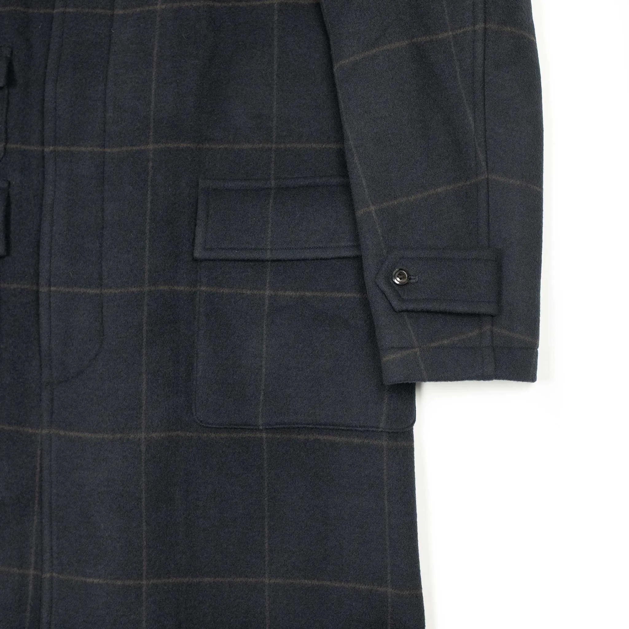 Traveller Coat in navy and chocolate windowpane melton wool double cloth