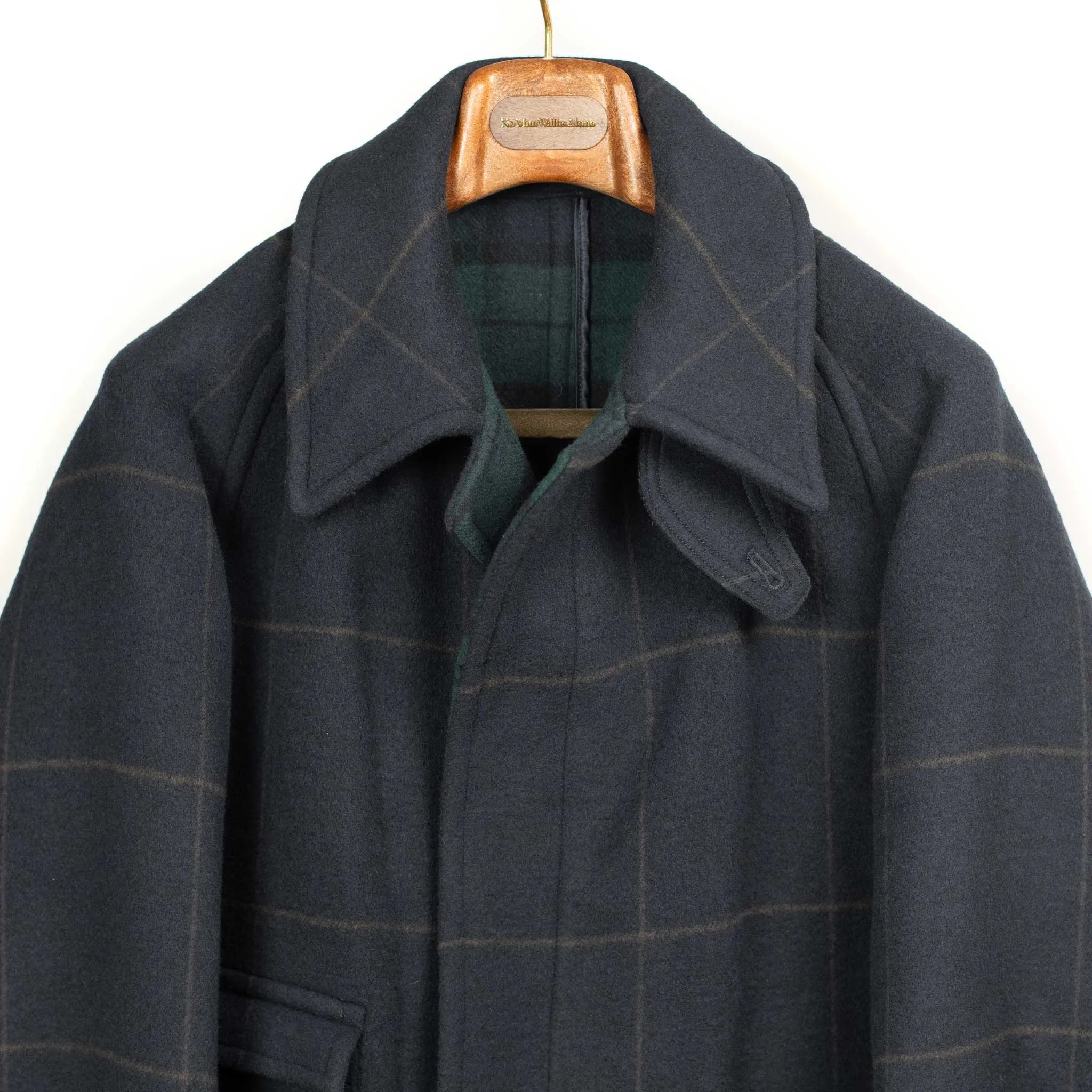 Traveller Coat in navy and chocolate windowpane melton wool double cloth