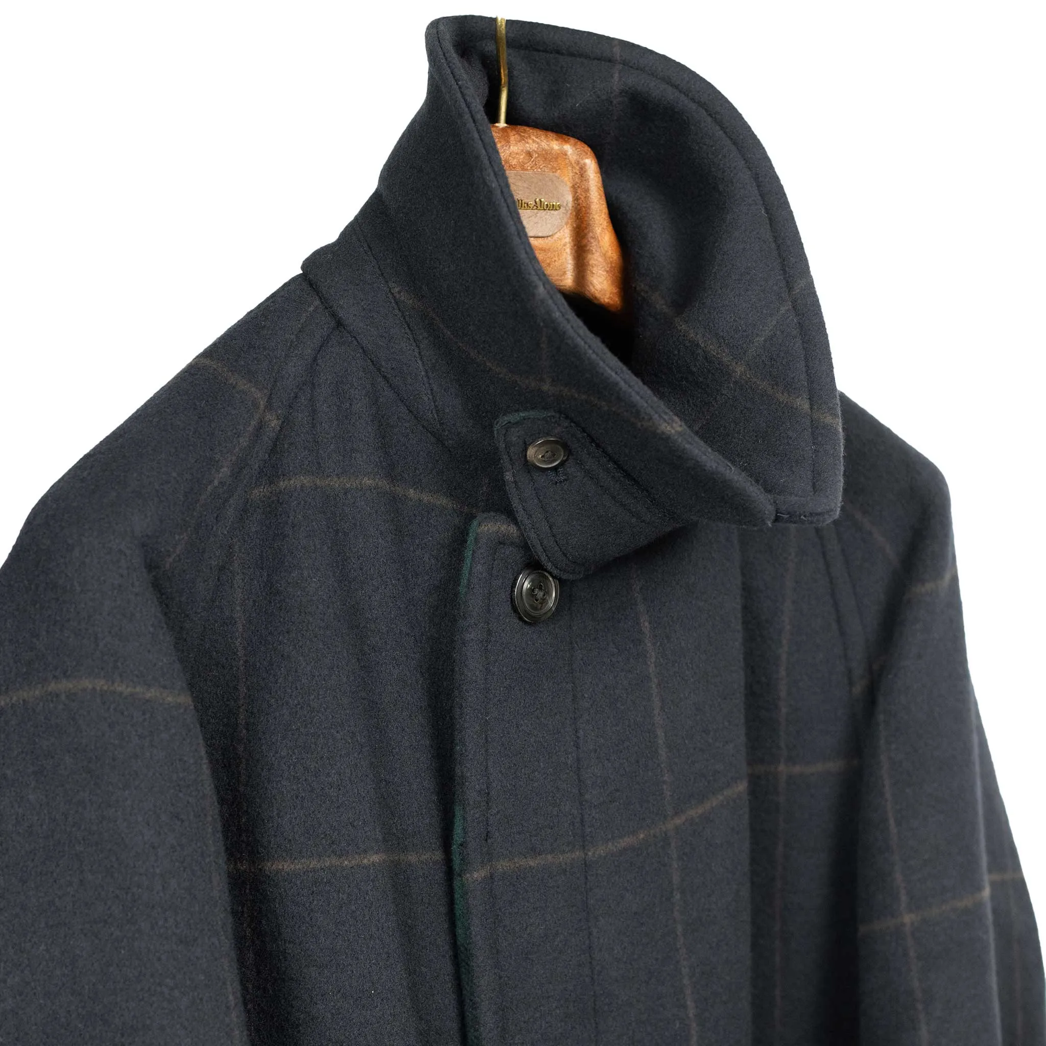 Traveller Coat in navy and chocolate windowpane melton wool double cloth