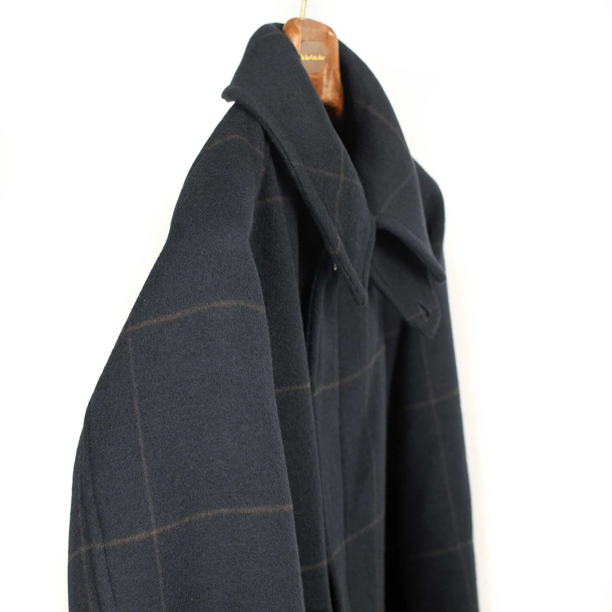 Traveller Coat in navy and chocolate windowpane melton wool double cloth