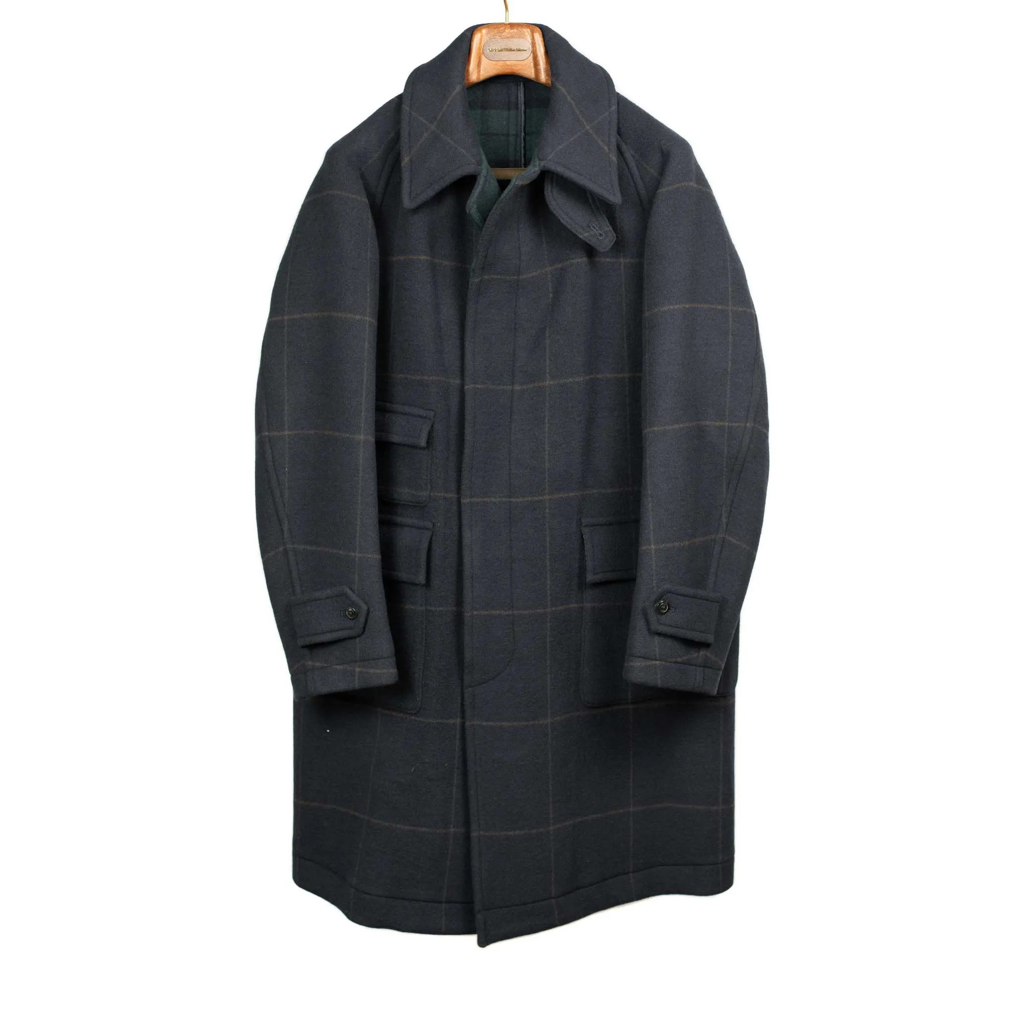 Traveller Coat in navy and chocolate windowpane melton wool double cloth