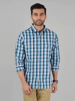 Turquoise Blue Checked Slim Fit Casual Shirt | Greenfibre