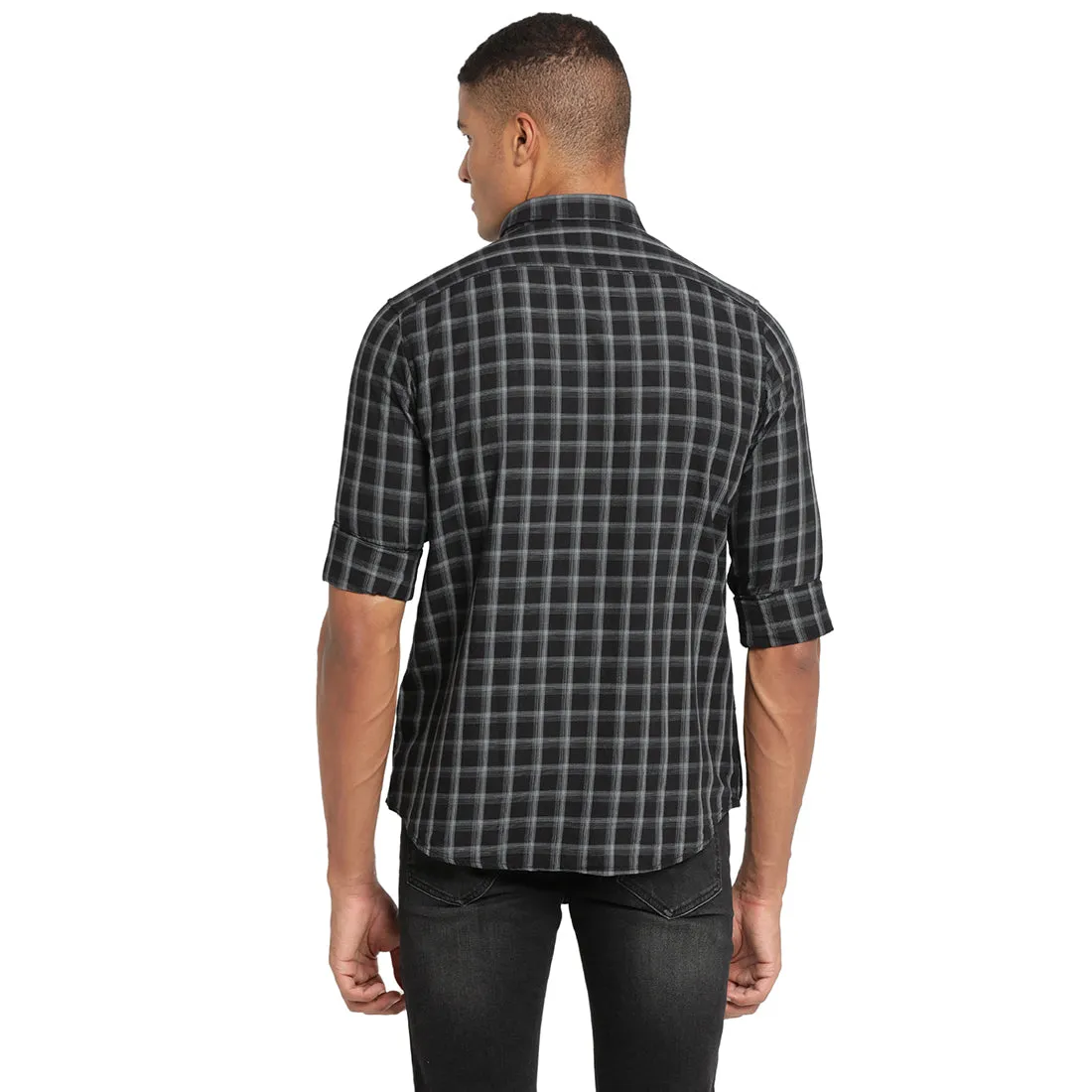 Turtle Men Black Cotton Checked Slim Fit Casual Shirts