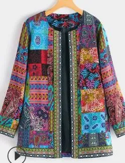 Vintage Cotton Linen Print Plus Size Women Cardigan Coat