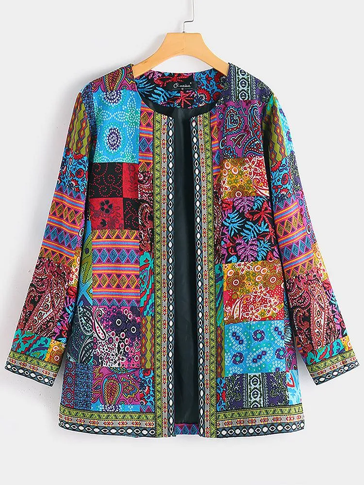 Vintage Cotton Linen Print Plus Size Women Cardigan Coat