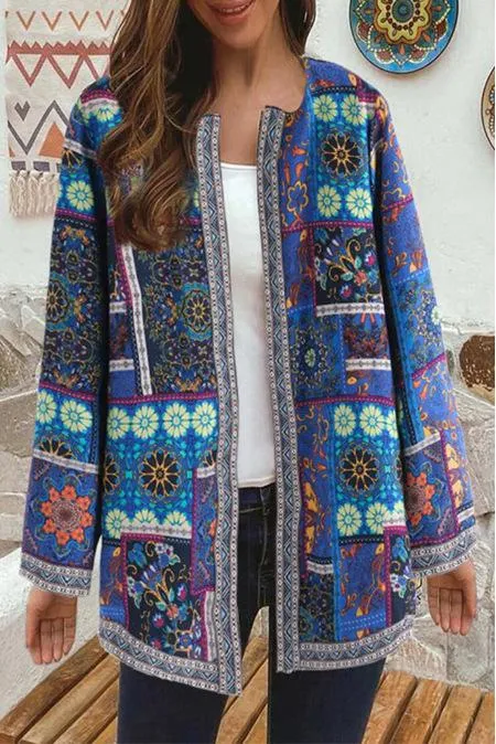 Vintage Cotton Linen Print Plus Size Women Cardigan Coat