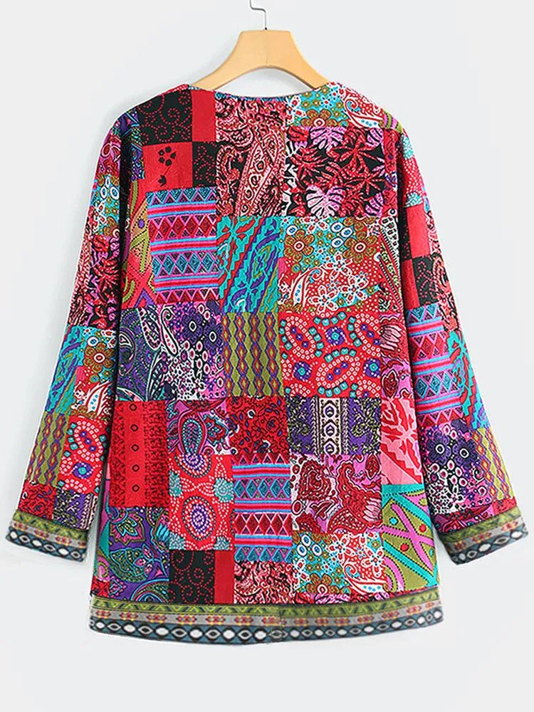 Vintage Cotton Linen Print Plus Size Women Cardigan Coat