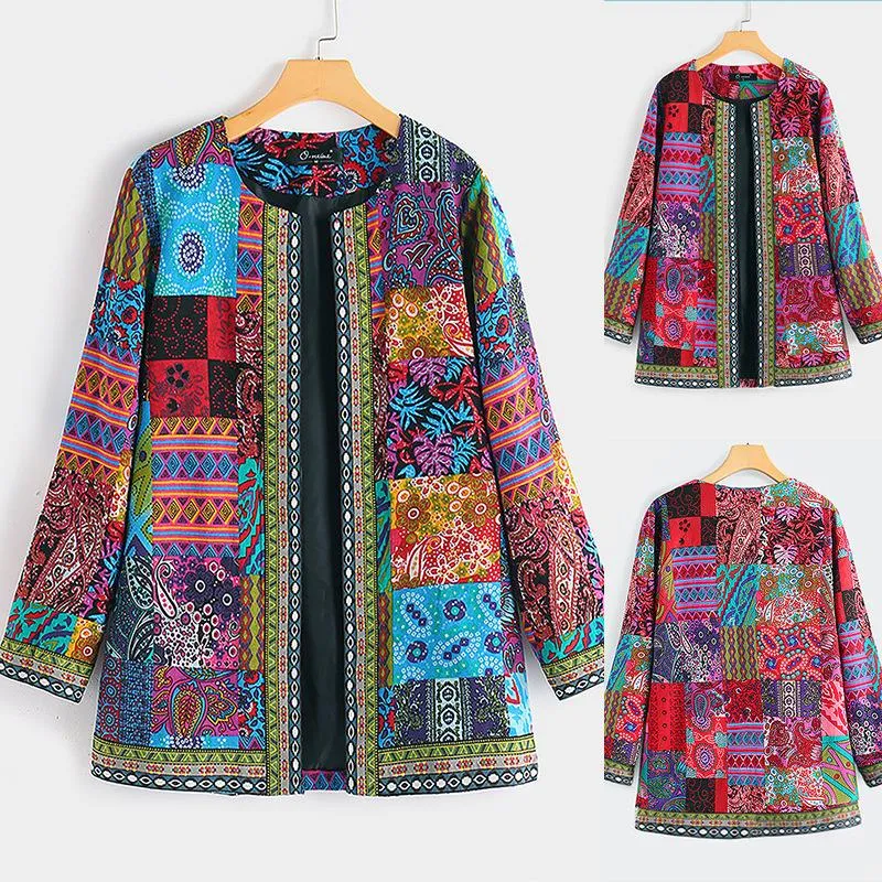 Vintage Cotton Linen Print Plus Size Women Cardigan Coat