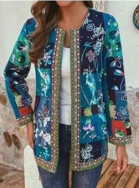 Vintage Cotton Linen Print Plus Size Women Cardigan Coat