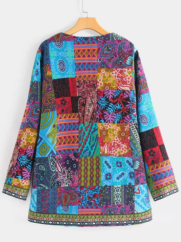 Vintage Cotton Linen Print Plus Size Women Cardigan Coat