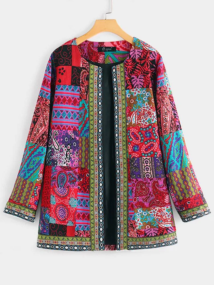 Vintage Cotton Linen Print Plus Size Women Cardigan Coat