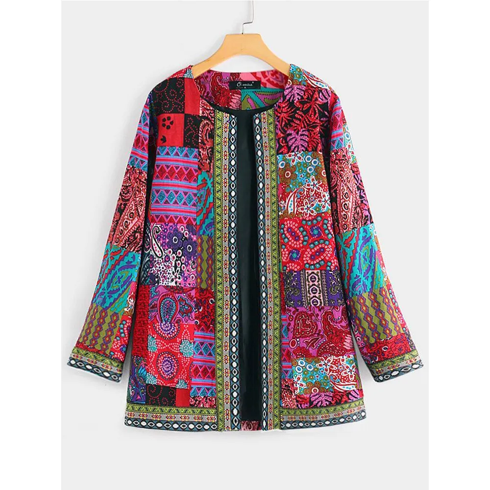 Vintage Cotton Linen Print Plus Size Women Cardigan Coat