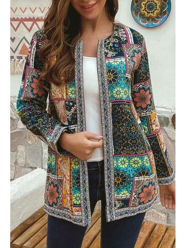 Vintage Cotton Linen Print Plus Size Women Cardigan Coat