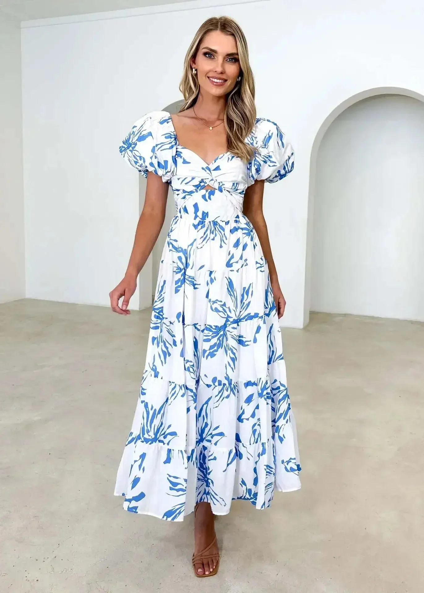 Vintage Printed Hollow Puff Sleeve Maxi Dress