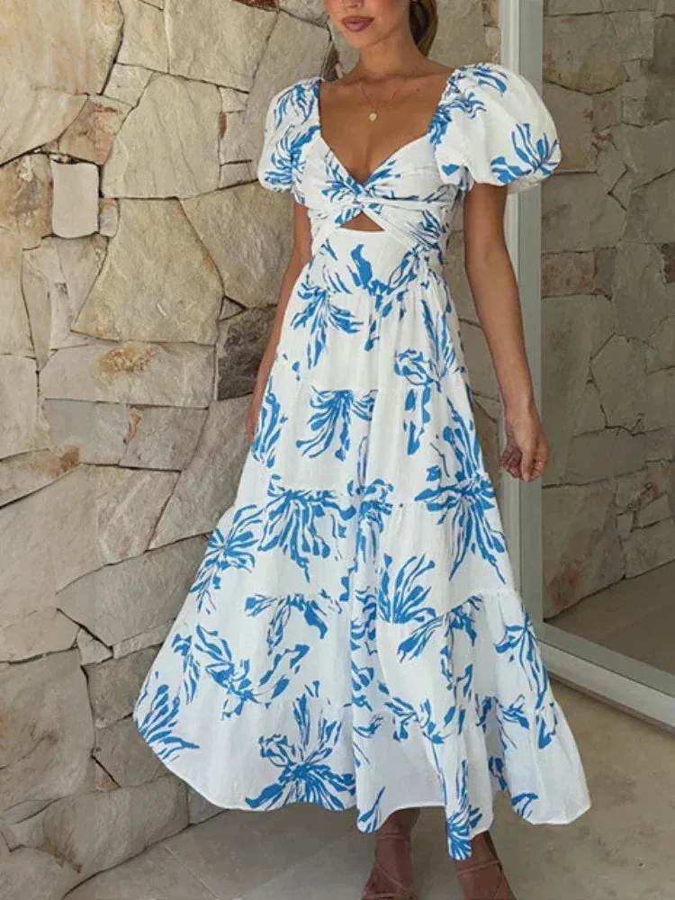 Vintage Printed Hollow Puff Sleeve Maxi Dress