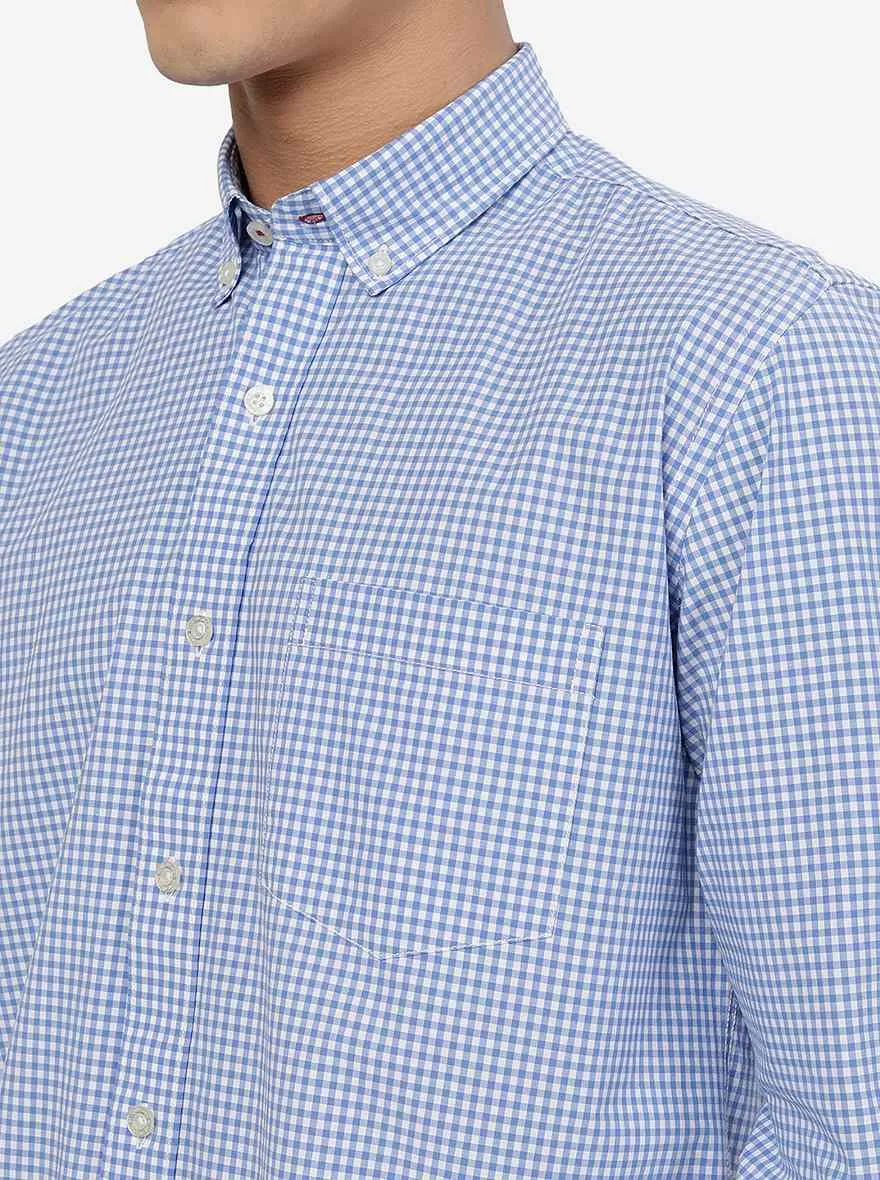 White & Blue Checked Slim Fit Semi Casual Shirt | JadeBlue