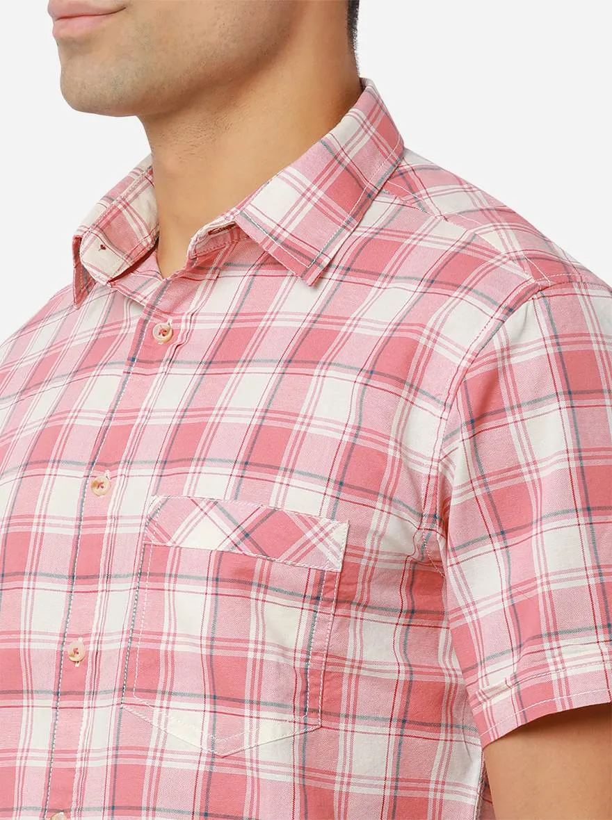 White & Rosette Pink Checked Slim Fit Semi Casual Shirt | Greenfibre