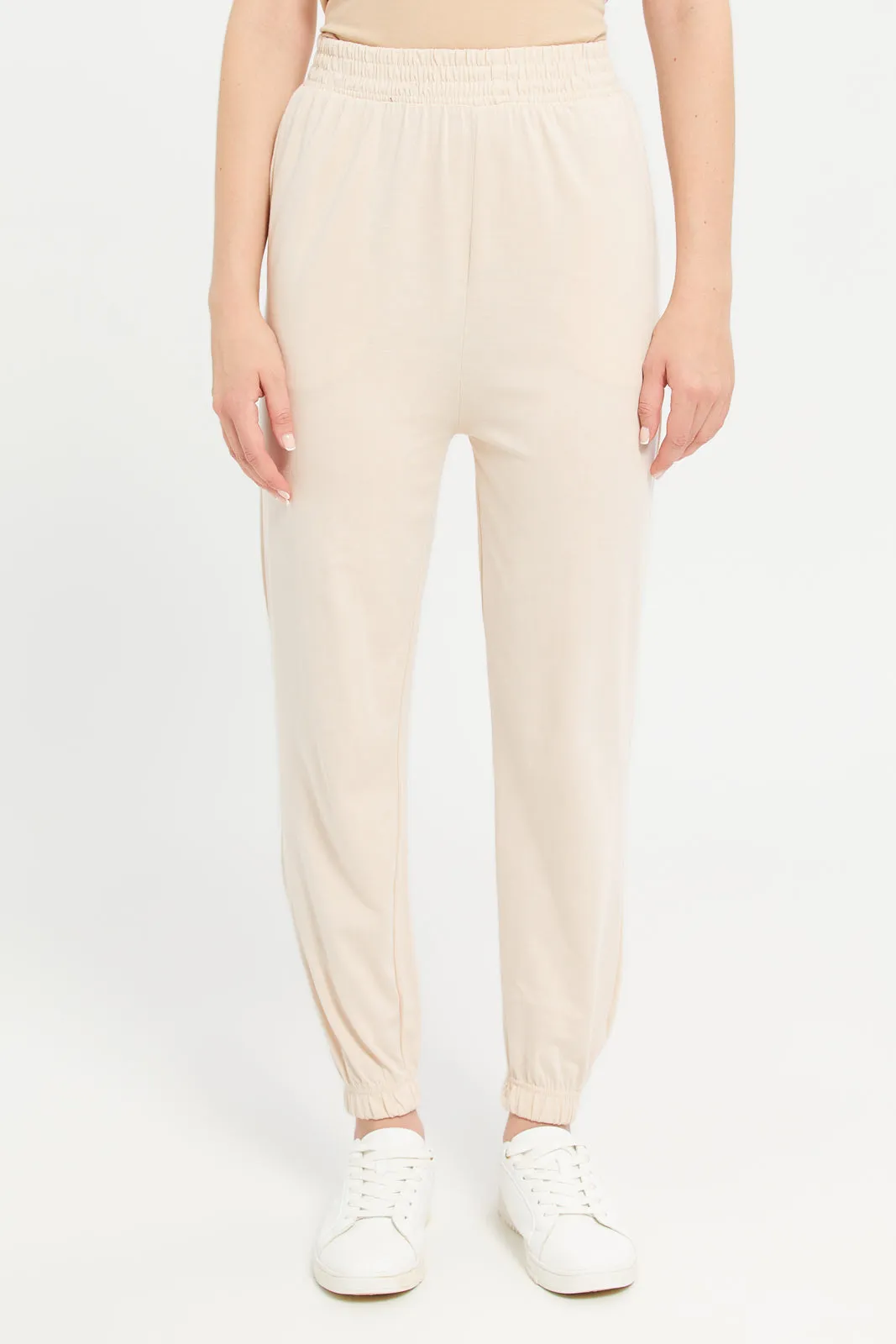 Woman Beige Plain Active Pants