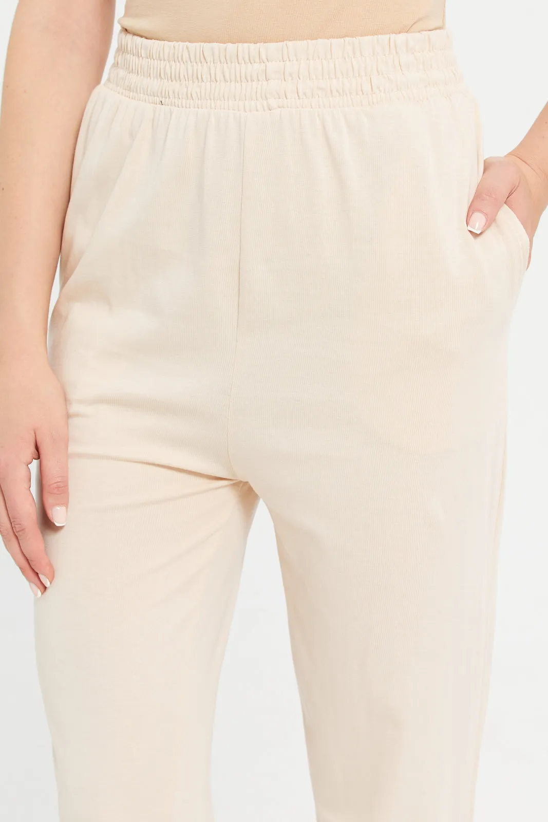 Woman Beige Plain Active Pants